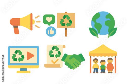 Recycling Awareness Icons. Flat vector mini-illustrations recycling awareness in colors children's illustrations: megaphone,