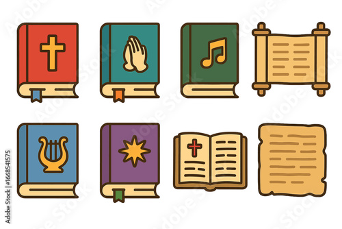 Religious Books Icons. Flat vector mini-illustrations religious books in colors children's illustrations: bible, prayer book, hymn