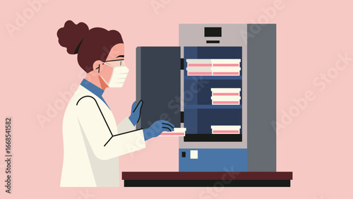 Scientist placing cell culture plate inside incubator for controlled growth, wearing protective mask and gloves in biology laboratory. Flat vector illustration