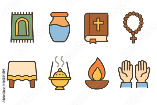 Ritual Symbols for Kids. Flat vector mini-illustrations religious rituals in colors children's illustrations: prayer mat, holy