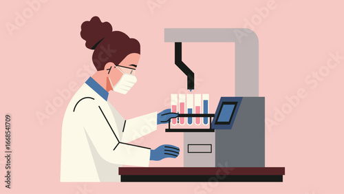Scientist placing test tubes in automated liquid handling robot for laboratory analysis, wearing protective mask and gloves in medical research lab. Flat vector illustration