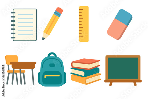 School Supplies Grid. Flat vector mini-illustrations schoolwork in colors children's illustrations: notebook, pencil, ruler,