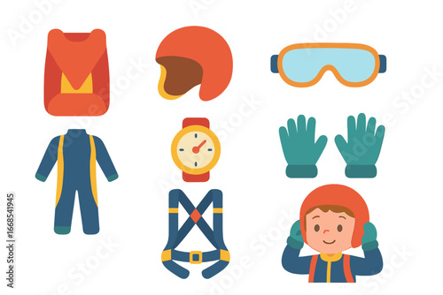 Skydiving Gear Icons. Flat vector mini-illustrations skydiving gear in colors children's illustrations: parachute pack, helmet,