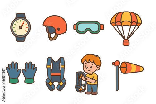 Skydiving Gear Icons. Flat vector mini-illustrations skydiving equipment in colors children's illustrations: altimeter, helmet,