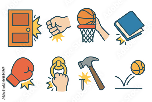 Slam Action Icons. Flat vector mini-illustrations slam actions in colors children's illustrations: slammed door, hitting fist,