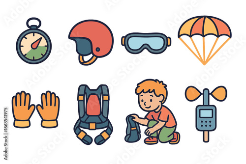 Skydiving Gear Icons. Flat vector mini-illustrations skydiving equipment in colors children's illustrations: altimeter, helmet,