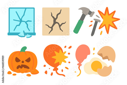 Smash Action Icons. Flat vector mini-illustrations smash actions in colors children's illustrations: broken glass, cracked wall,
