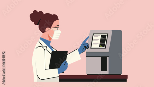 Scientist reading results from digital hematology analyzer, wearing protective mask and gloves while recording laboratory data. Flat vector illustration