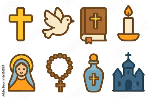 Spiritual Symbol Grid. Flat vector mini-illustrations Spiritual father symbols of faith in colors children's illustrations: cross,