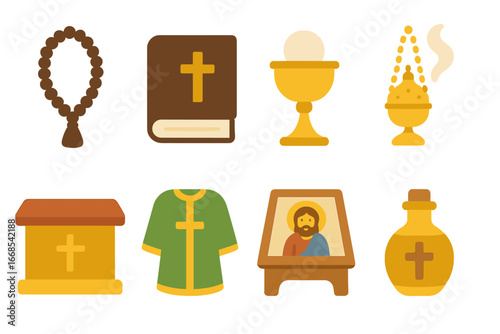 Spiritual Tools Illustrations. Flat vector mini-illustrations Spiritual father tools in colors children's illustrations: prayer