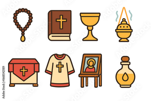 Spiritual Tools Illustrations. Flat vector mini-illustrations Spiritual father tools in colors children's illustrations: prayer