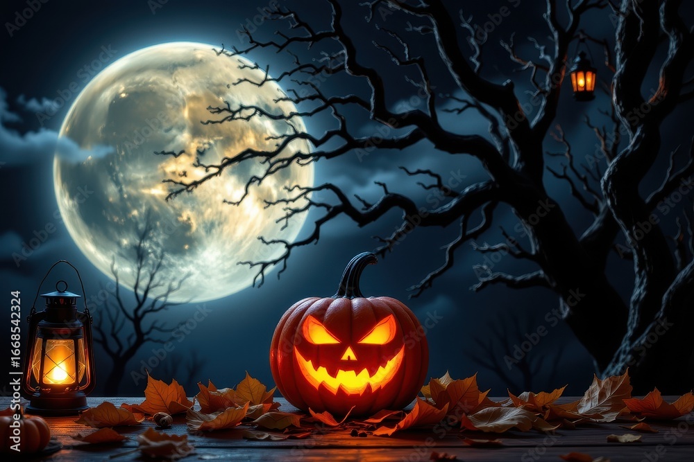 Fototapeta premium Glowing carved pumpkin with eerie face sits on wooden surface with autumn leaves under a full moon and spooky tree