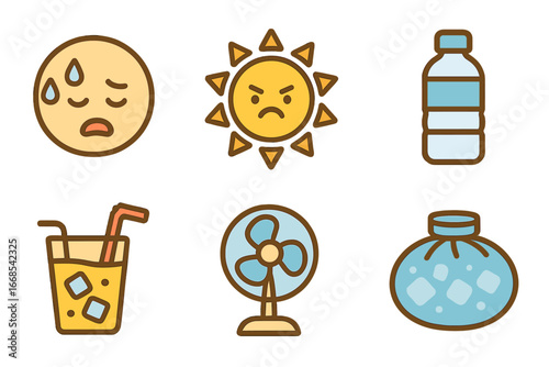 Summer Heat Icons. Flat vector mini-illustrations heat and emotions in colors children's illustrations: sweating face, tired face,