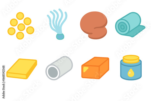Synthetic Materials Icons. Flat vector mini-illustrations synthetic raw materials in colors children's illustrations: plastic