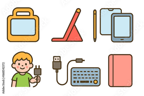 Tablet Accessories Icons. Flat vector mini-illustrations tablet accessories in colors children's illustrations: tablet case,