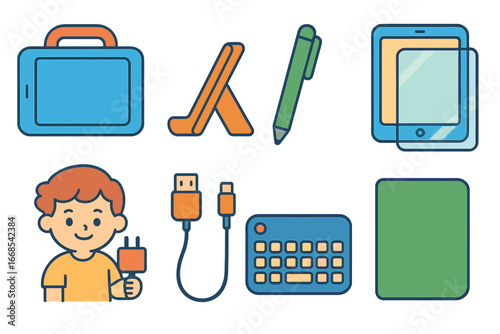 Tablet Accessories Icons. Flat vector mini-illustrations tablet accessories in colors children's illustrations: tablet case,