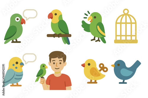 Talking Parrots Icons. Flat vector mini-illustrations talking birds in colors children's illustrations: parrot with speech bubble,