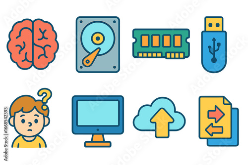 Tech Memory Icons. Flat vector mini-illustrations memory capacity in colors children's illustrations: brain icon, hard drive, RAM