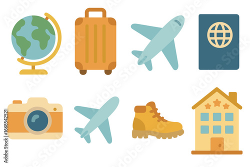 Travel Icon Miniatures. Flat vector mini-illustrations travel guides in colors children's illustrations: globe, suitcase, camera,