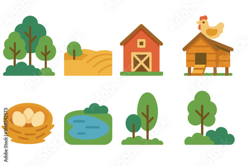 Turkey Habitat Illustrations. Flat vector mini-illustrations turkey habitat in colors children's illustrations: forest, field,