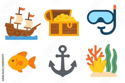 Underwater Treasure Icons. Flat vector mini-illustrations underwater treasure in colors children's illustrations: sunken ship,