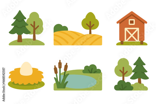 Turkey Habitat Illustrations. Flat vector mini-illustrations turkey habitat in colors children's illustrations: forest, field,