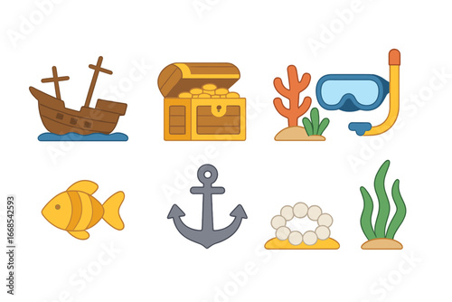 Underwater Treasure Icons. Flat vector mini-illustrations underwater treasure in colors children's illustrations: sunken ship,