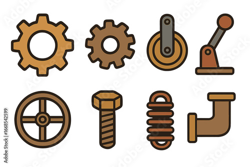 Vintage Iron Machinery Icons. Flat vector mini-illustrations old iron machinery in colors children's illustrations: vintage iron