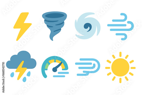 Weather Icons Grid. Flat vector mini-illustrations Fast weather in colors children's illustrations: lightning bolt, tornado,