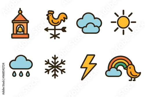 Weather Icons for Children. Flat vector mini-illustrations bell tower weather in colors children's illustrations: wind vane,