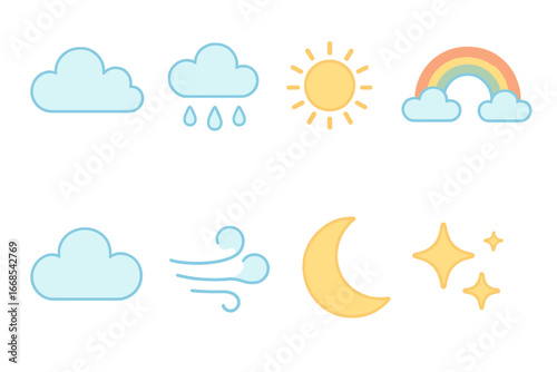 Whimsical Weather Icons. Flat vector mini-illustrations peaceful weather in colors children's illustrations: fluffy clouds, light