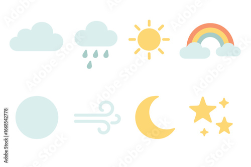 Whimsical Weather Icons. Flat vector mini-illustrations peaceful weather in colors children's illustrations: fluffy clouds, light