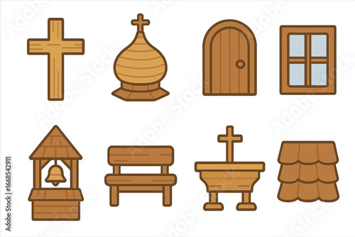 Wooden Church Icons. Flat vector mini-illustrations Wooden church details in colors children's illustrations: wooden cross, wooden