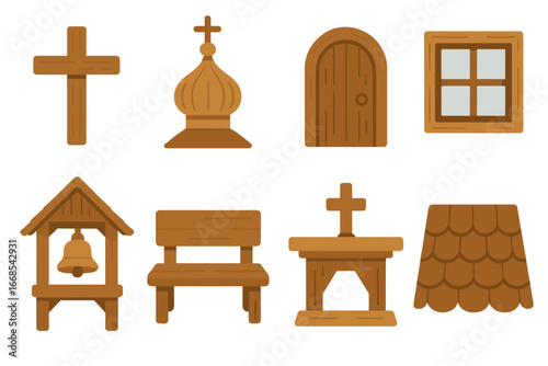 Wooden Church Icons. Flat vector mini-illustrations Wooden church details in colors children's illustrations: wooden cross, wooden