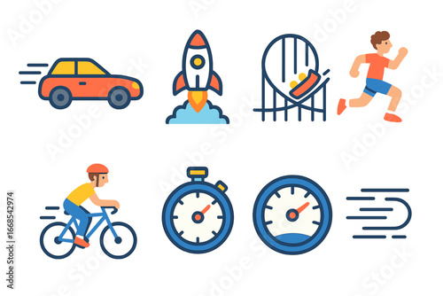 Acceleration Kid's Icons. Flat vector mini-illustrations acceleration basics in colors children's illustrations: speeding car,