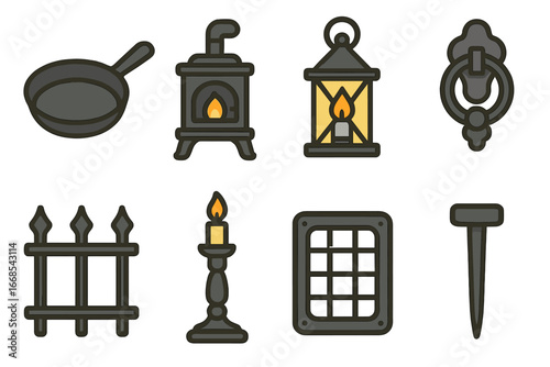Antique Iron Icons. Flat vector mini-illustrations antique iron objects in colors children's illustrations: iron skillet, cast