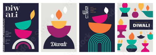 Set of happy Diwali Hindu festival modern design with diya oil lamps, colorful geometric and typography. Vector illustration for greeting card, poster, cover, banner.
