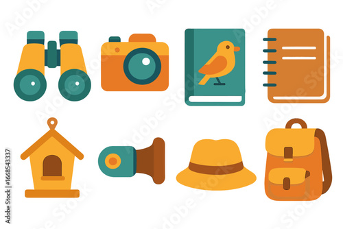 Bird Watching Tools. Flat vector mini-illustrations bird watching tools in colors children's illustrations: binoculars, camera,