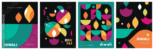 Set of happy Diwali Hindu festival modern design with diya oil lamps, colorful geometric and typography. Vector illustration for greeting card, poster, cover, banner.
