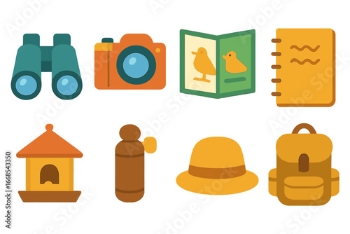 Bird Watching Tools. Flat vector mini-illustrations bird watching tools in colors children's illustrations: binoculars, camera,