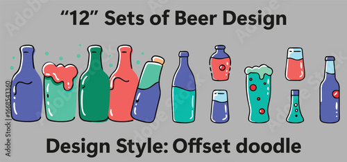 Beer Offset Doodle Set, Creative Sketch Drinks
