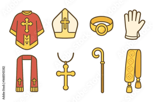 Bishop Attire Icons. Flat vector mini-illustrations Bishop attire details in colors children's illustrations: embroidered robe,