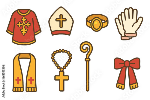 Bishop Attire Icons. Flat vector mini-illustrations Bishop attire details in colors children's illustrations: embroidered robe,