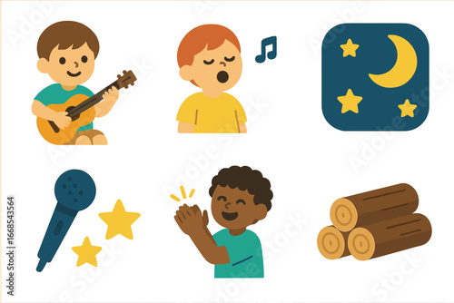 Campfire Music Fun. Flat vector mini-illustrations campfire music in colors children's illustrations: child playing guitar,