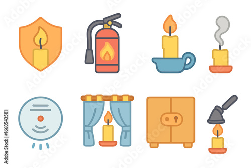 Candle Safety Icons. Flat vector mini-illustrations candle safety in colors children's illustrations: flame guard, fire