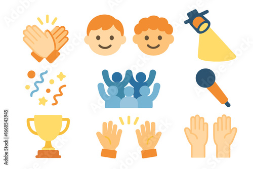 Children's Applause Icons. Flat vector mini-illustrations applause in colors children's illustrations: clapping hands, smiling