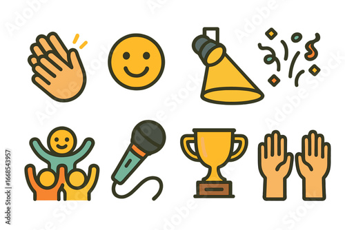 Children's Applause Icons. Flat vector mini-illustrations applause in colors children's illustrations: clapping hands, smiling