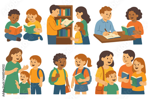 Children's Book Fair Fun. Flat vector mini-illustrations book fair visitors in colors children's illustrations: children reading,