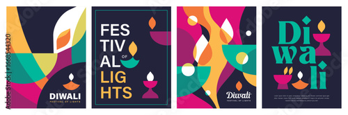 Set of happy Diwali Hindu festival modern design with diya oil lamps, colorful geometric and typography. Vector illustration for greeting card, poster, cover, banner.
