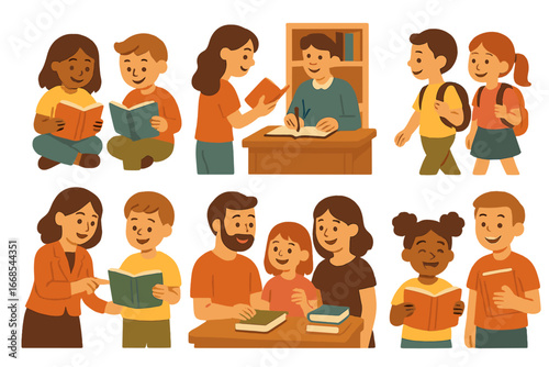 Children's Book Fair Fun. Flat vector mini-illustrations book fair visitors in colors children's illustrations: children reading,